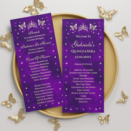 Programme Élégant Purple Gold Tiara Papillons Quinceañera