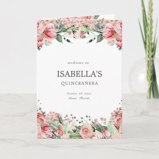 Programme Élégant Rose Floral Quince Princess Padrinos Event (Devant)