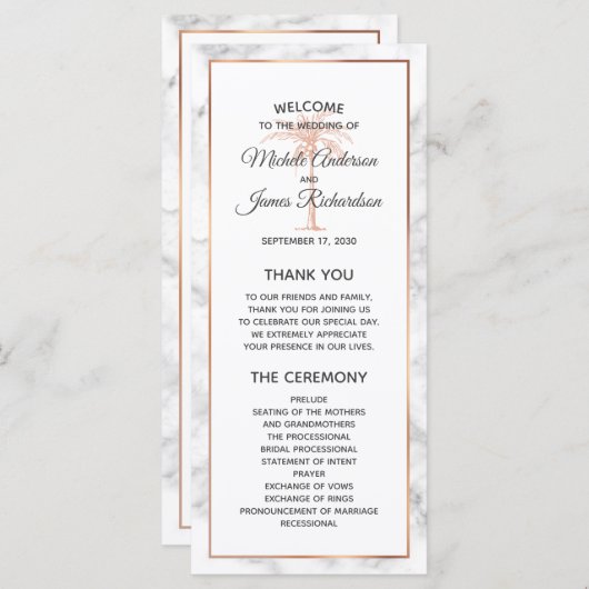 Programme Elégant Rose or cuivre marbre palmier Mariage  (Devant / Derrière)
