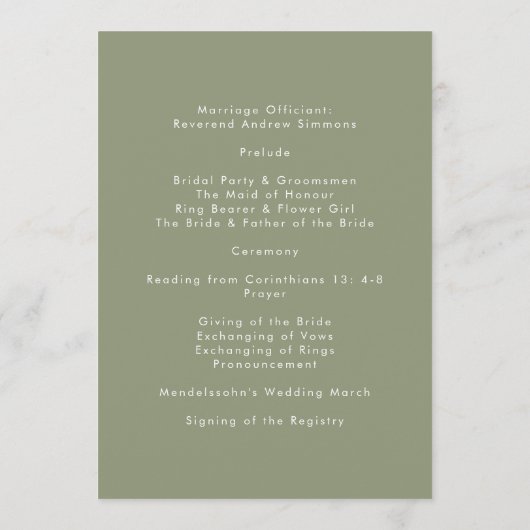 Programme Elégant Sage Green Moderne Mariage de calligraphie (Dos)