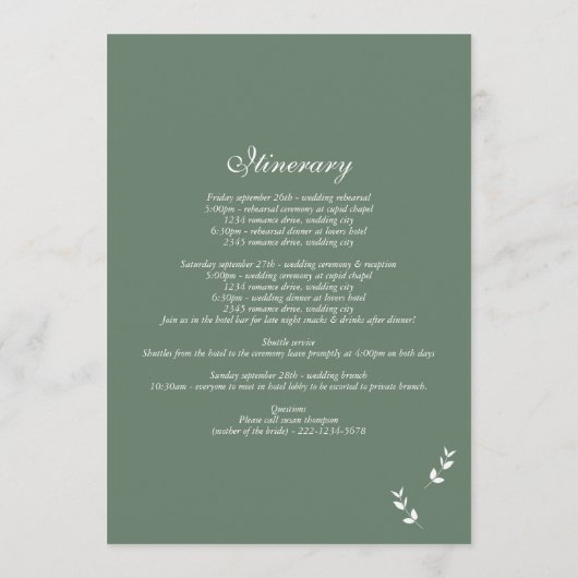 Programme Élégant Sage Olive Green Script Mariage Itinéraire (Dos)