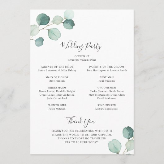 Programme Elégant Sage Vert Eucalyptus Mariage (Dos)