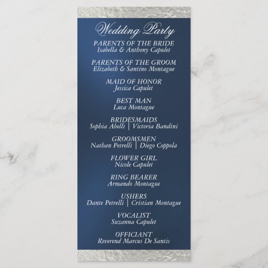 Programme Élégant script et ruban - Mariage bleu/argent (Dos)