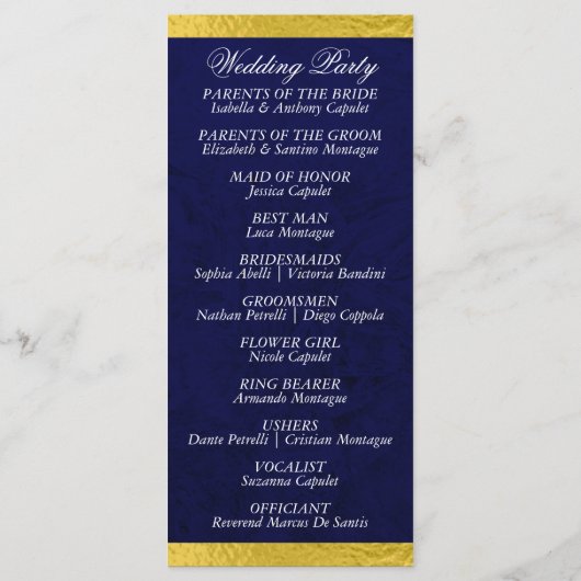 Programme Élégant script et ruban - Mariage bleu/or (Dos)