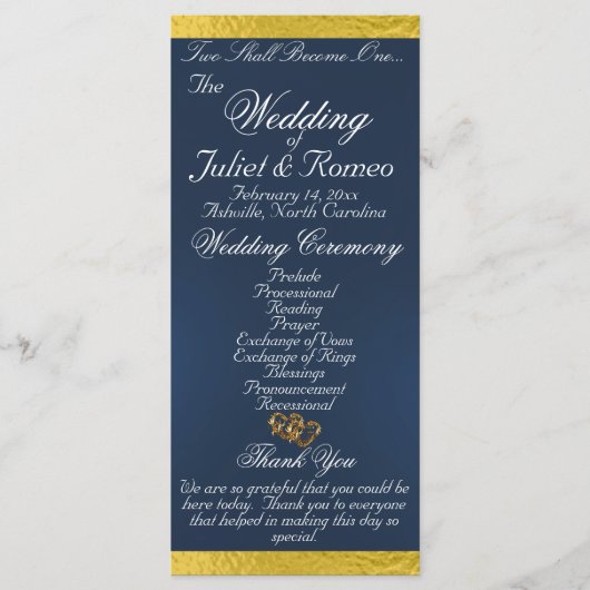 Programme Élégant script et ruban - Mariage bleu/or (Devant)