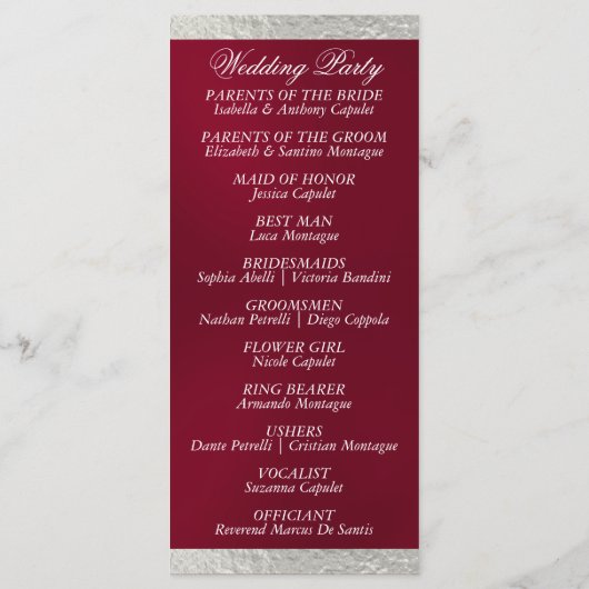 Programme Élégant script et ruban - Mariage Bourgogne/Argent (Dos)