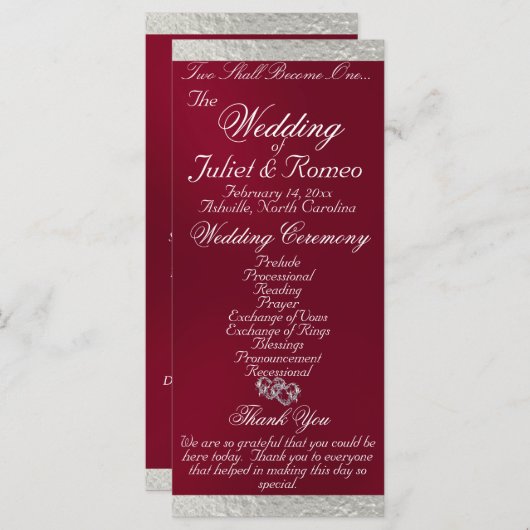 Programme Élégant script et ruban - Mariage Bourgogne/Argent (Devant / Derrière)