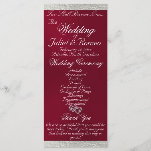 Programme Élégant script et ruban - Mariage Bourgogne/Argent (Devant)