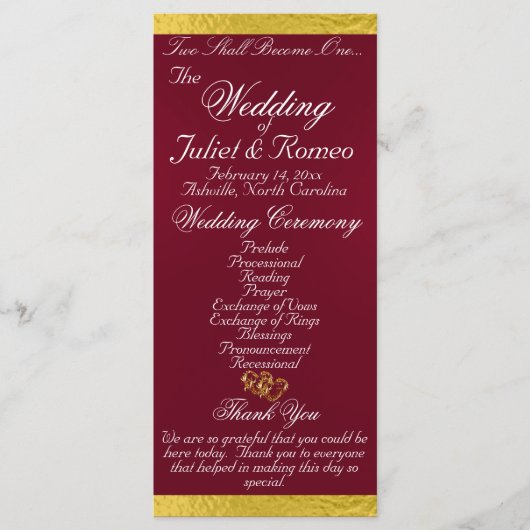 Programme Élégant script et ruban - Mariage Bourgogne/Or (Devant)