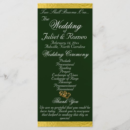Programme Élégant script et ruban - Mariage Emerald/Gold (Devant)