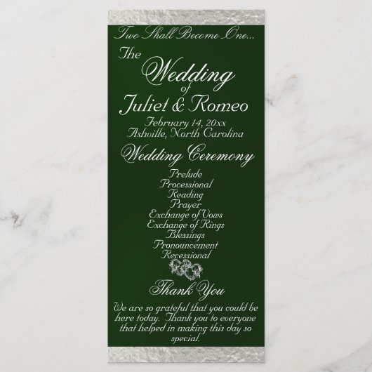 Programme Élégant script et ruban - Mariage Emerald/Silver (Devant)