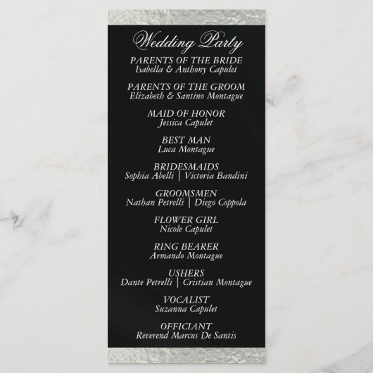 Programme Élégant script et ruban - Mariage noir/argent (Dos)