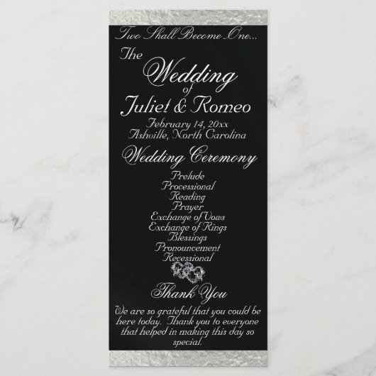Programme Élégant script et ruban - Mariage noir/argent (Devant)