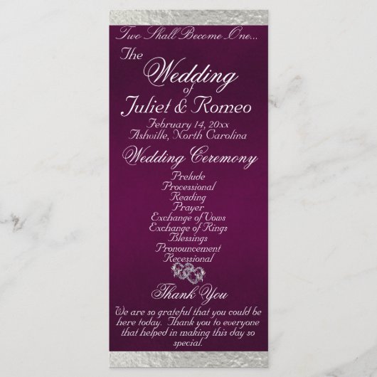 Programme Élégant script et ruban - Mariage violet/argenté (Devant)