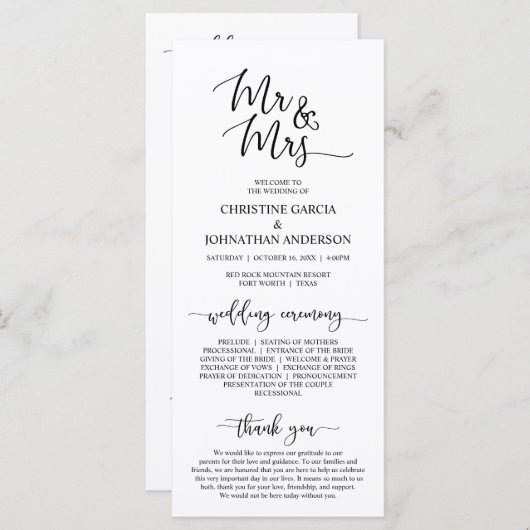 Programme Élégant script noir, M. et Mme, Cérémonie Mariage (Devant / Derrière)