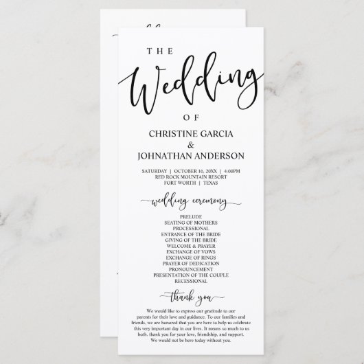 Programme Élégant script noir, notre cérémonie Mariage (Devant / Derrière)