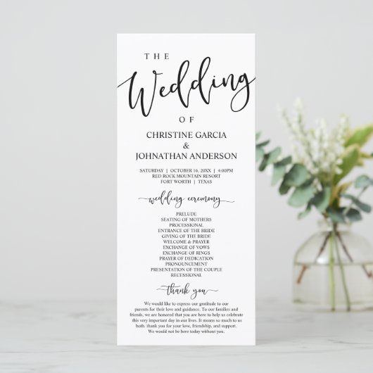 Programme Élégant script noir, notre cérémonie Mariage (Debout devant)