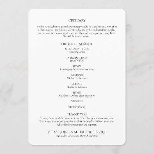 Programme Élégant Script Photo Mémorial Commande de service (Dos)