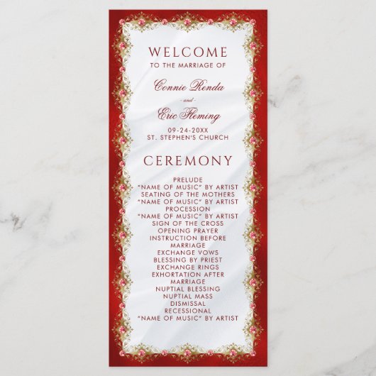 Programme Élégant Script Red White Gold Filigree Mariage (Devant)