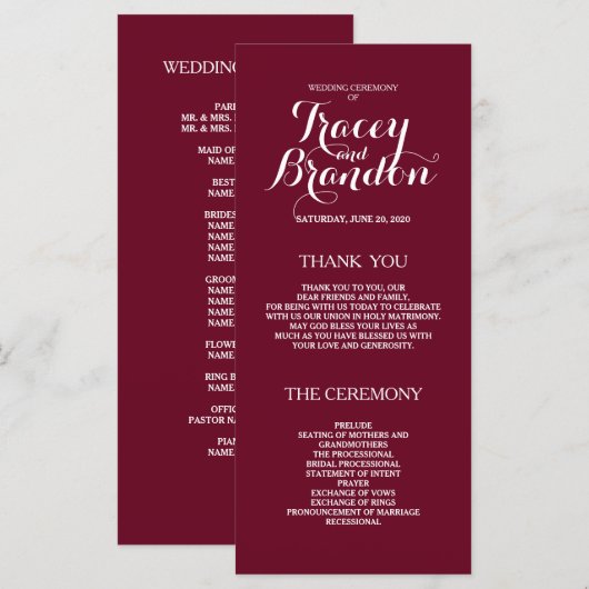 Programme Élégant Simple Burgundy Red Custom Wedding Program (Devant / Derrière)