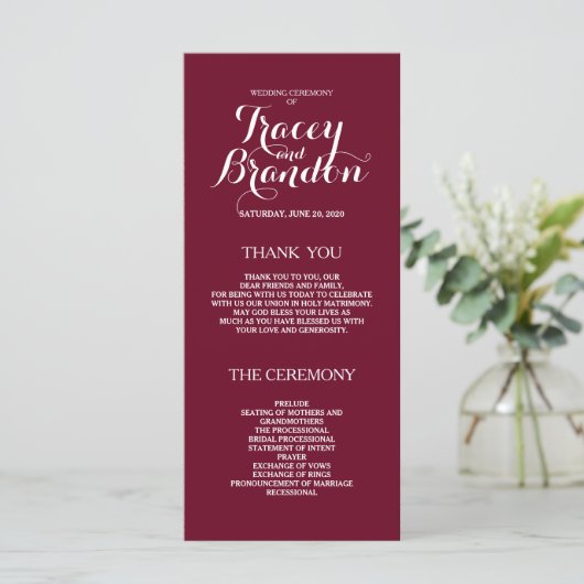 Programme Élégant Simple Burgundy Red Custom Wedding Program (Debout devant)