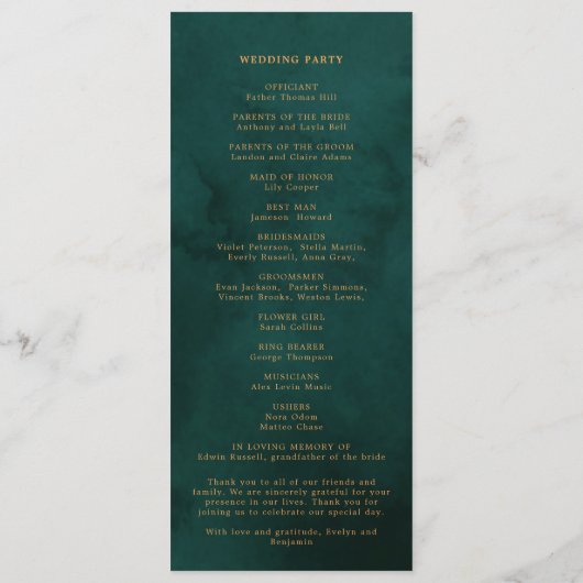 Programme Élégant texte or avec Mariage Arrière - plan vert (Dos)