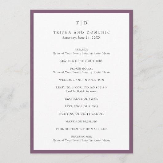 Programme Élégant violet monogramme Mariage moderne (Devant)