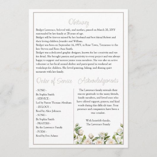 Programme Elegant White Roses Celebrating Life Of - Funeral (Dos)