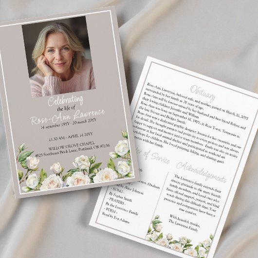 Programme Elegant White Roses Taupe Funeral Folded