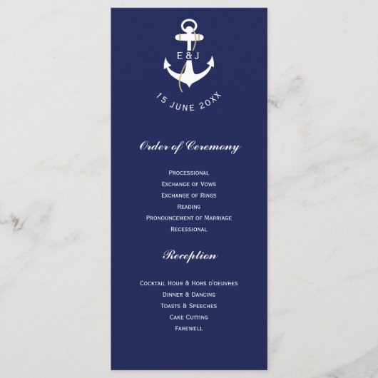 Programme Élégante Ancre Nautique Mariage Initiales (Devant)
