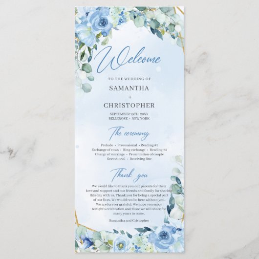 Programme Elégante aquarelle bleu poussiéreux cadre or flora (Devant)