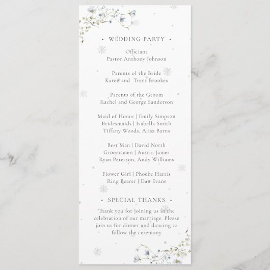 Programme Elégante aquarelle Fleur sauvage d'hiver Mariage (Dos)