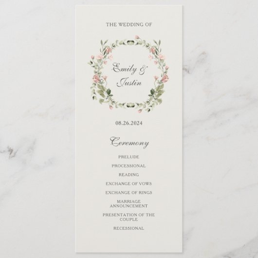 Programme Elégante aquarelle Jardin rose rose Mariage (Devant)