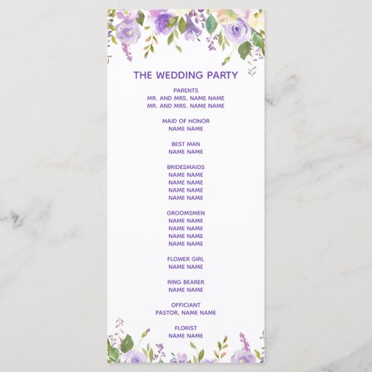 Programme Elégante Aquarelle violette Florale Mariage Cérémo (Dos)