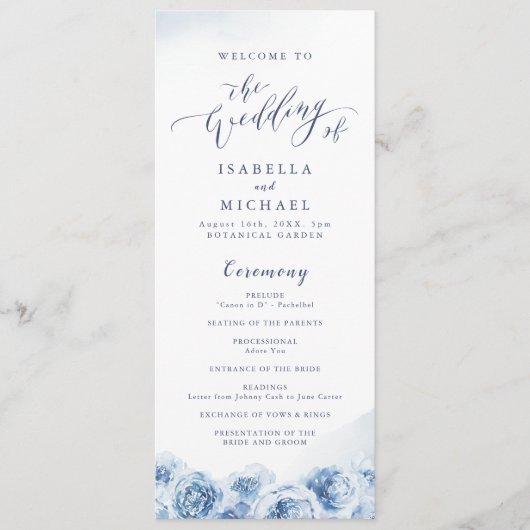Programme Elégante calligraphie bleu aquarelle mariage flora (Devant)