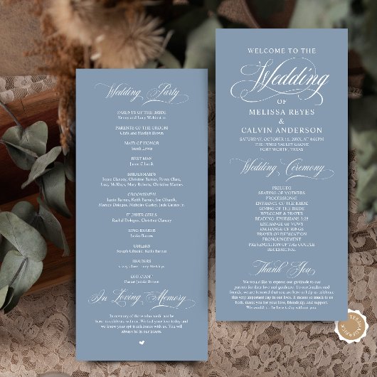 Programme Élégante cérémonie de mariage de script Bleu Pouss