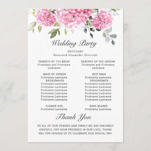 Programme Élégante Cérémonie de Mariage d'Hydrangea Boho Ros (Dos)