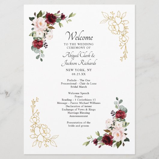 Programme Élégante cérémonie de Mariage Floral Gold Foil en  (Devant)