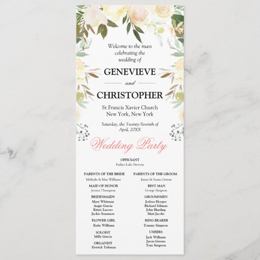 Programme Élégante cérémonie Mariage catholique de l'arc flo (Devant)