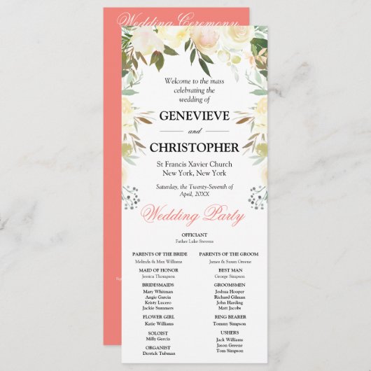 Programme Élégante cérémonie Mariage catholique de l'arc flo (Devant / Derrière)