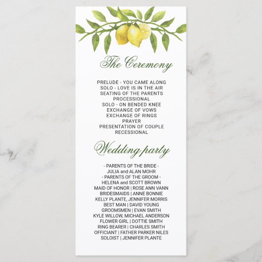 Programme Élégante cérémonie Mariage de verdure citrons (Dos)