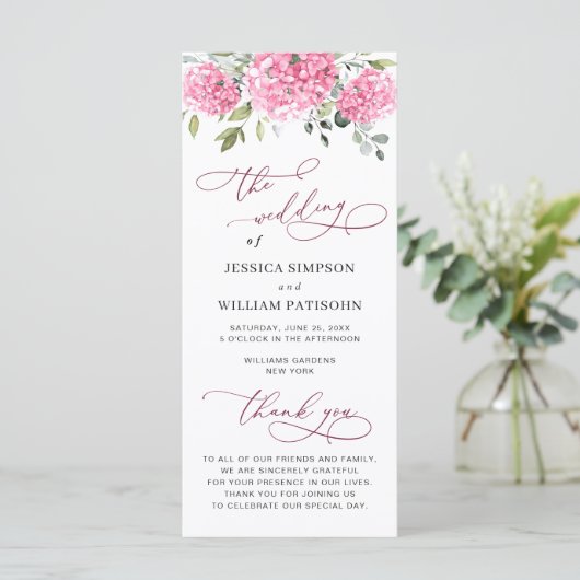 Programme Élégante Cérémonie Mariage florale d'Hydrangée ros (Debout devant)