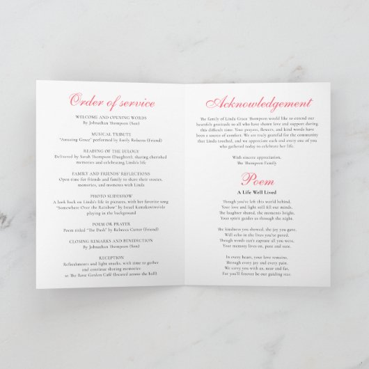 Programme Élégante florale rose Célébration de la vie (Intérieur)