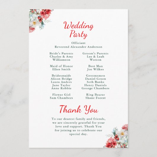 Programme Elégante verdure Florale Mariage d'hiver (Dos)