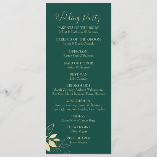 Programme Emerald Green & Gold Foliage Mariage botanique (Dos)