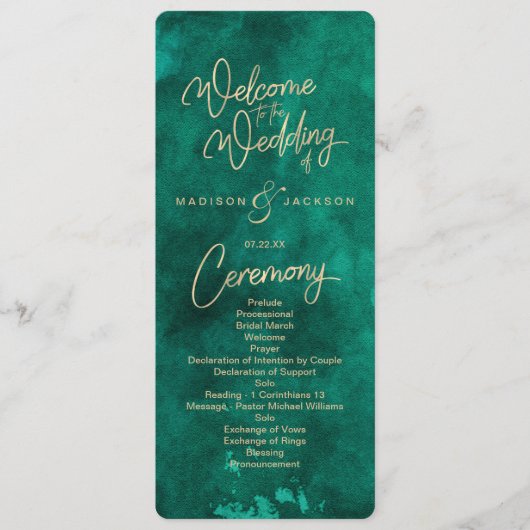 Programme Emerald Green Watercolor & Gold Wedding Program (Devant)