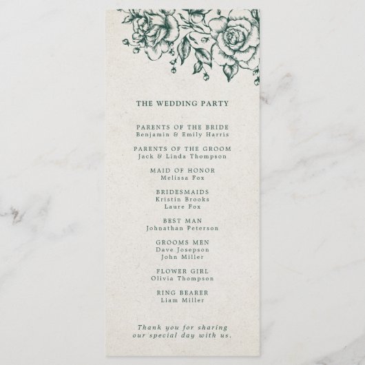 Programme Emerald Greenery Mariage botanique Vintage (Dos)
