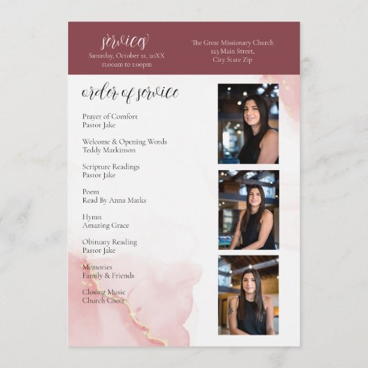 Programme En Mémoire d'amour Blush Fleur rouge funérailles (Dos)