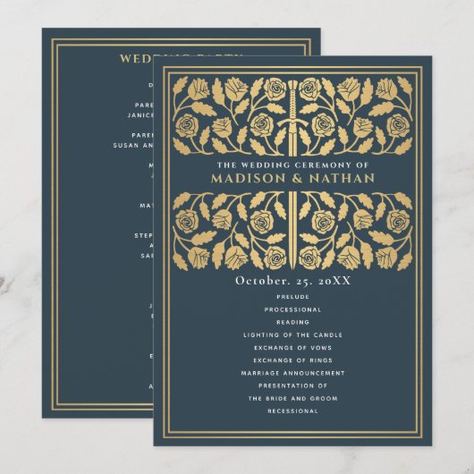 Programme Épée dorée médiévale grise pour mariage royal (Devant / Derrière)
