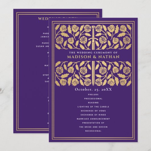 Programme Épée dorée médiévale violette Mariage royal (Devant / Derrière)
